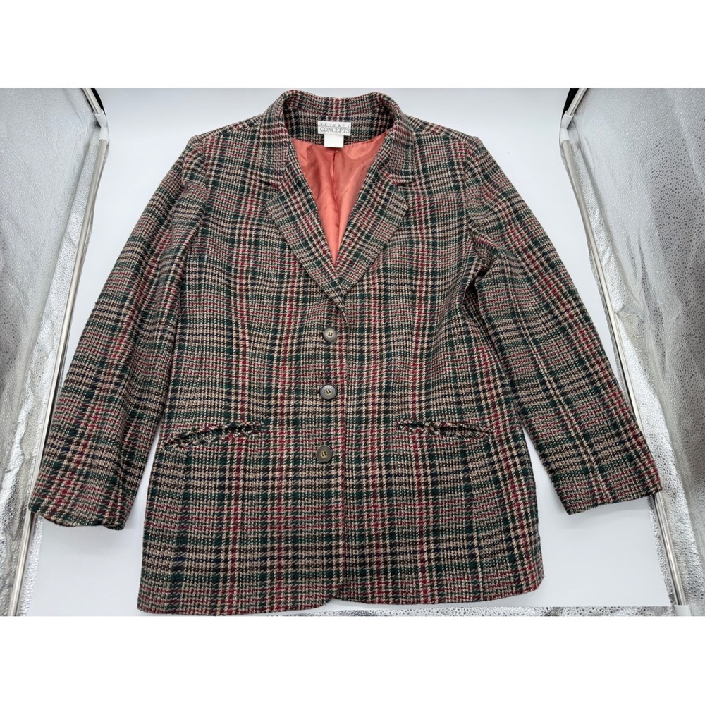 Private Concepts Vintage Plaid Wool Blend Blazer Jacket Green Red Tan Size 12